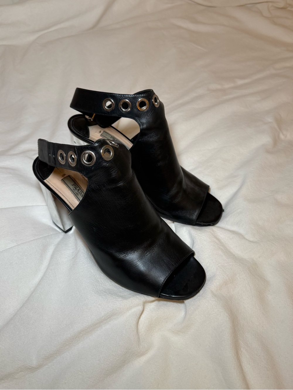 Prada Black Leather Grommet Peep-Toe Heels